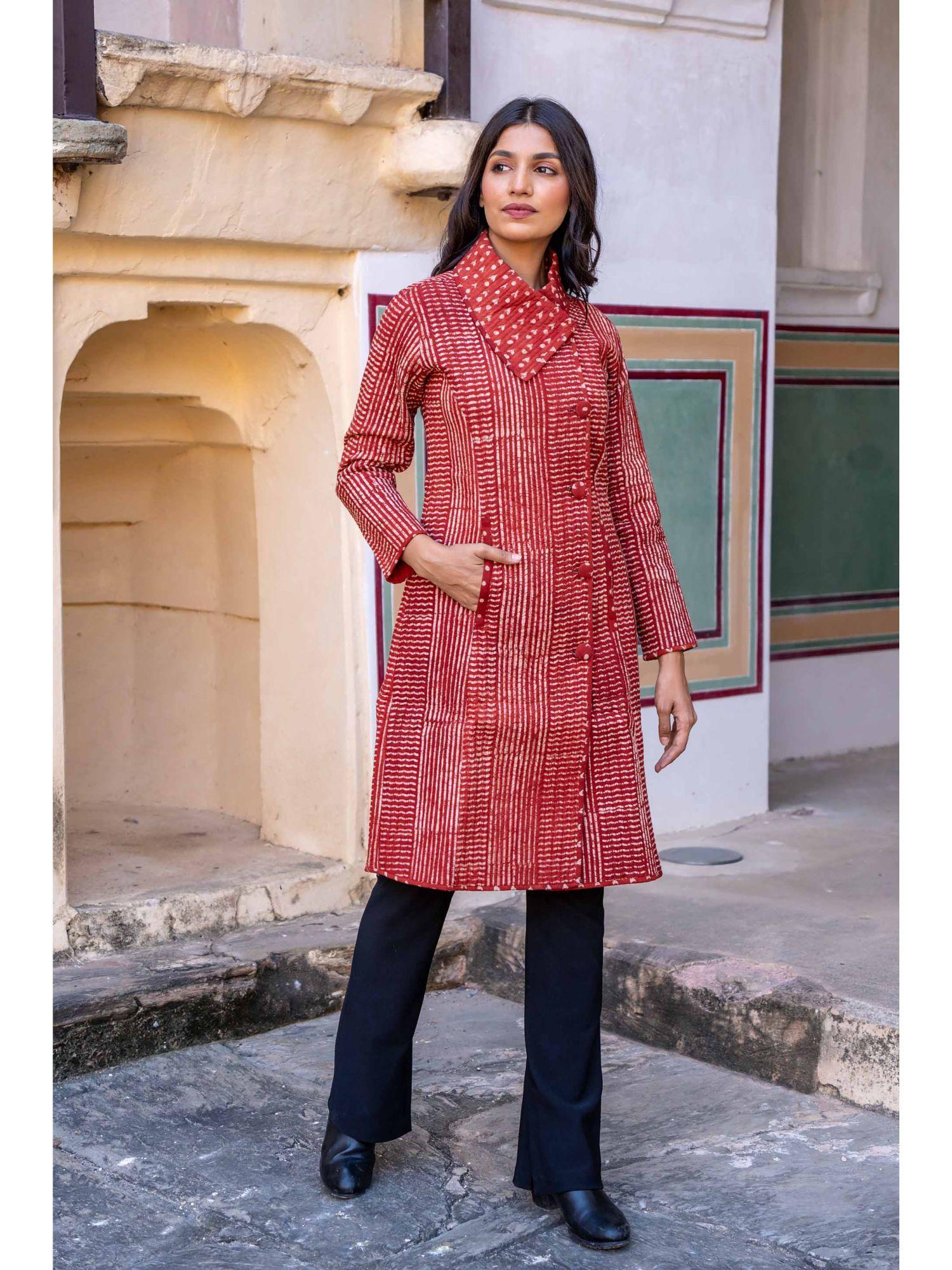 natural red block printed quilted bukhara coat