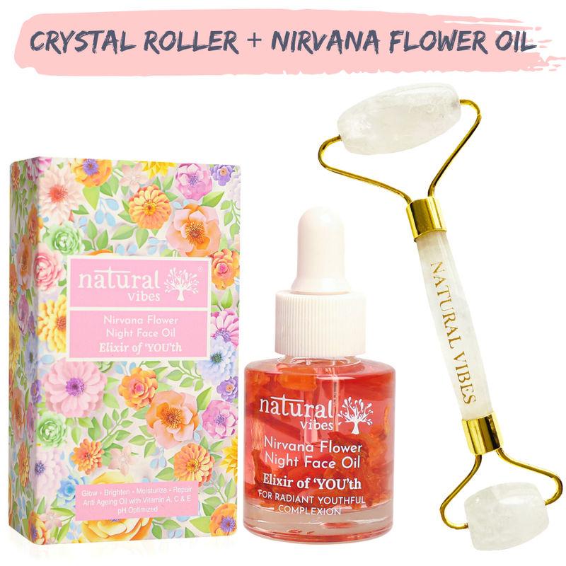 natural vibes crystal quartz face roller + nirvana anti ageing flower oil