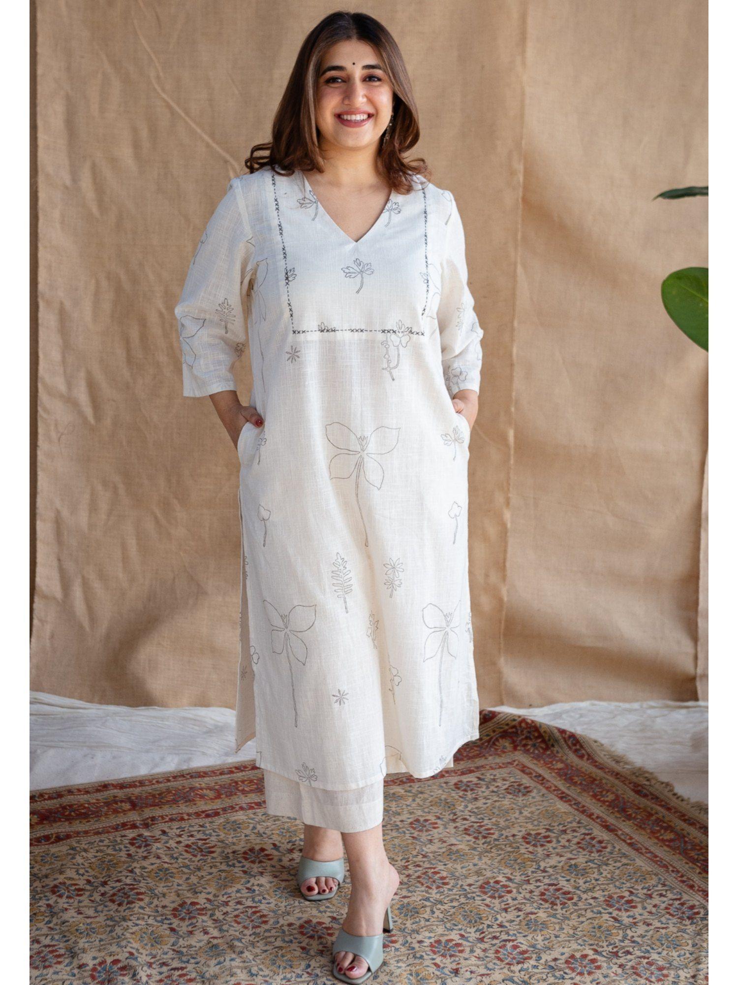 natural white dabu slub cotton hand embroidered kurta