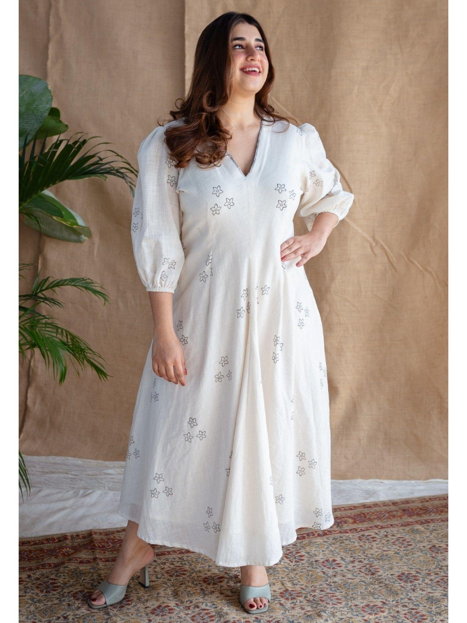 natural white dabu slub cotton hand printed dress