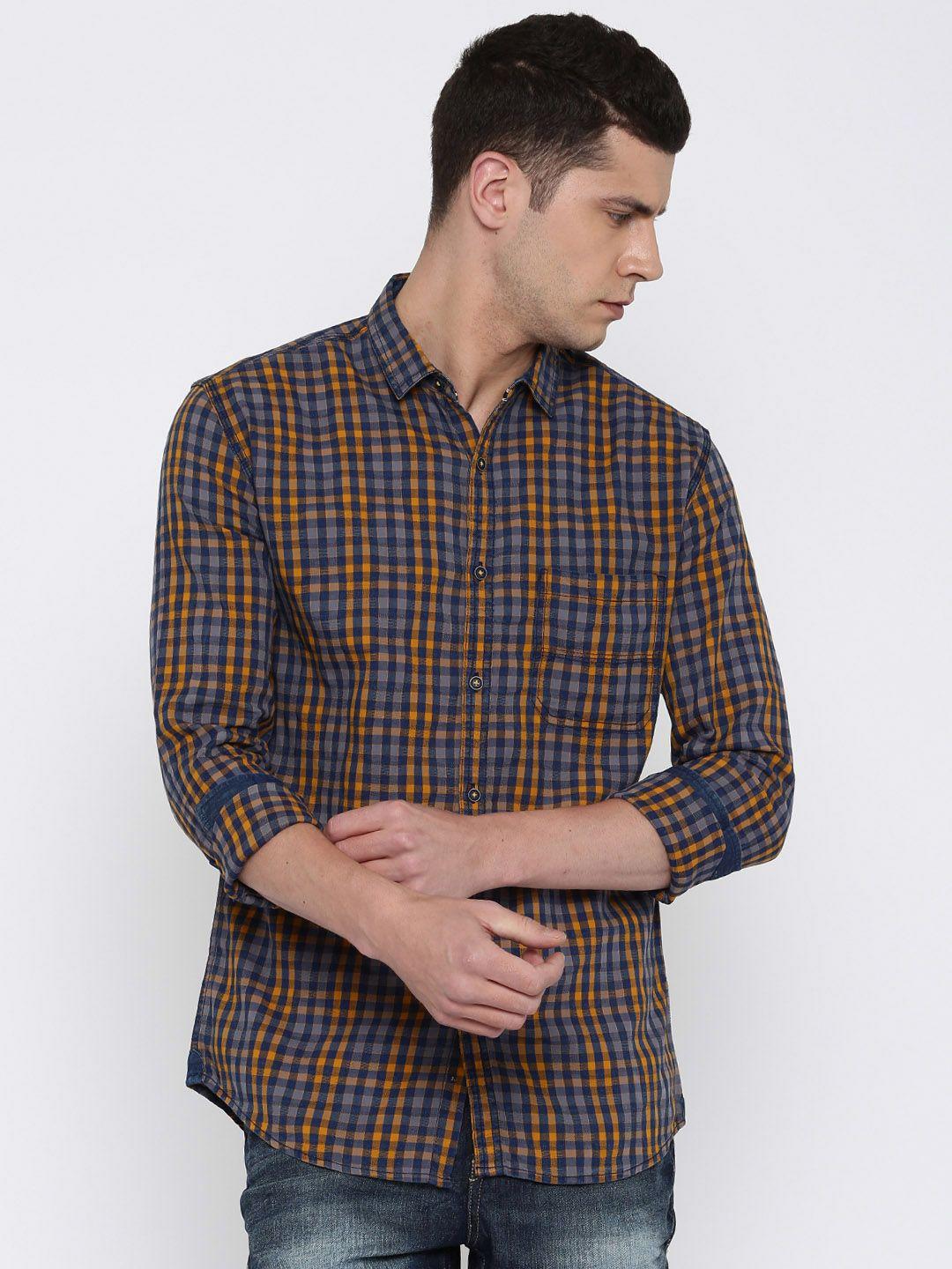 nature casuals men blue & mustard yellow slim fit checked casual shirt