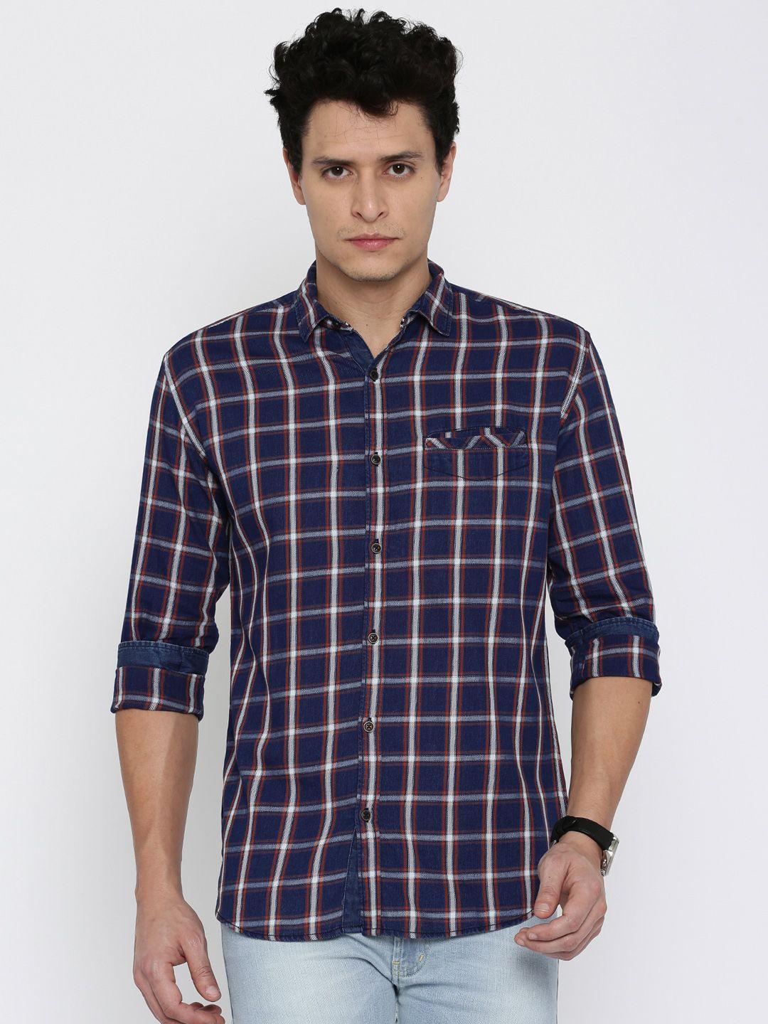 nature casuals men blue & orange slim fit checked casual shirt