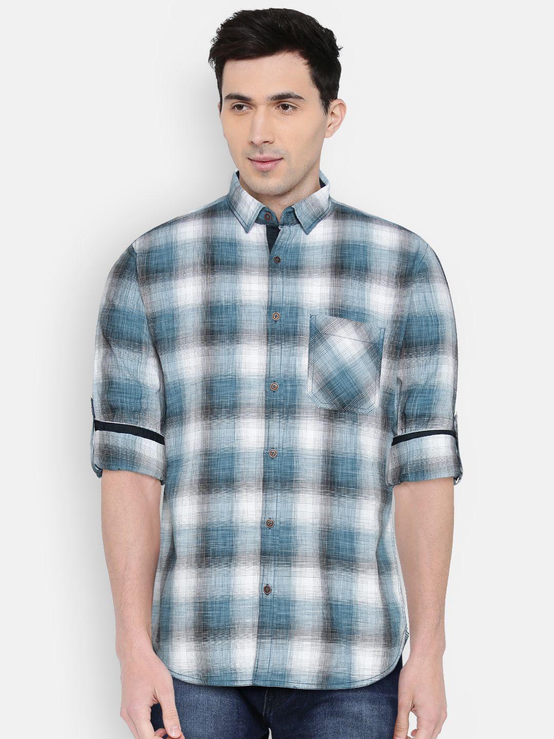 nature casuals men blue & white slim fit checked casual shirt