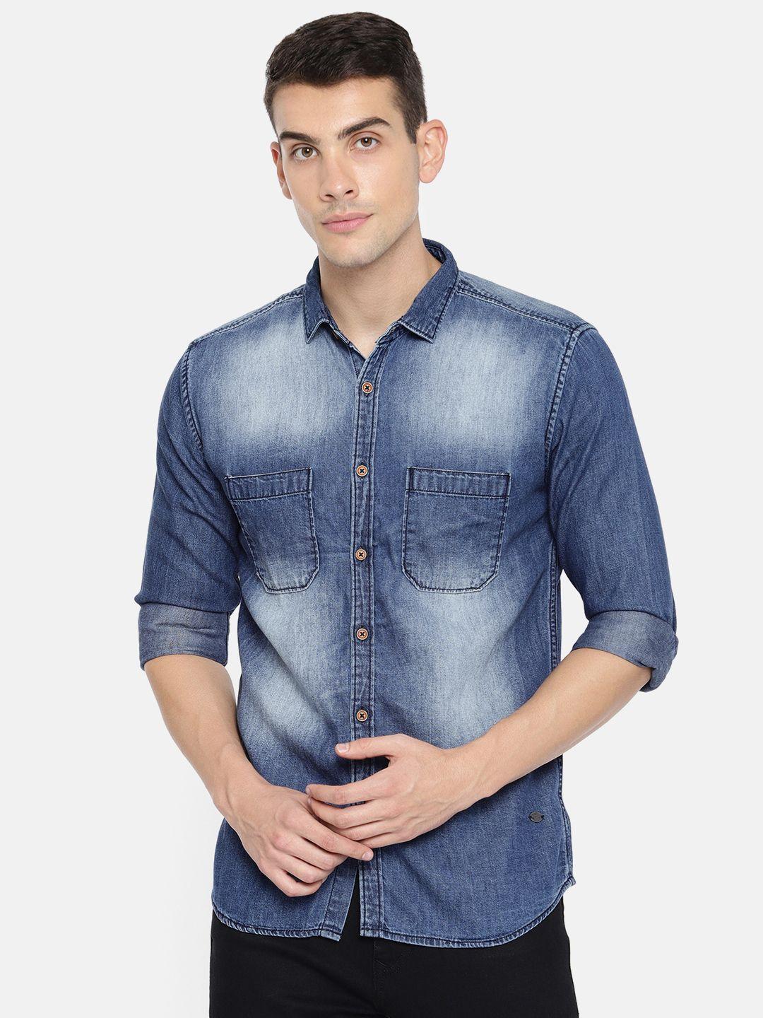 nature casuals men blue slim fit faded casual chambray shirt