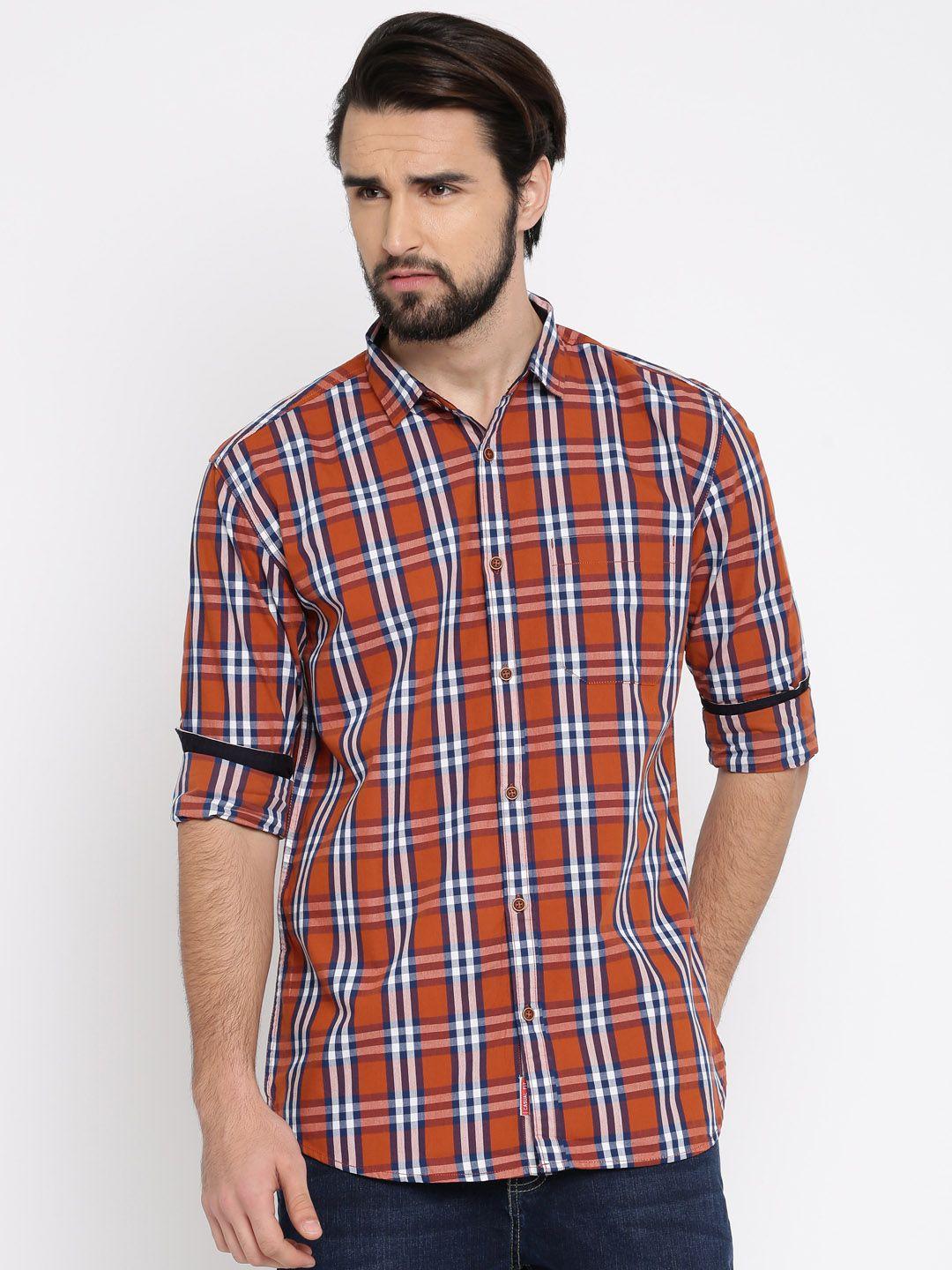 nature casuals men brown & blue slim fit checked casual shirt