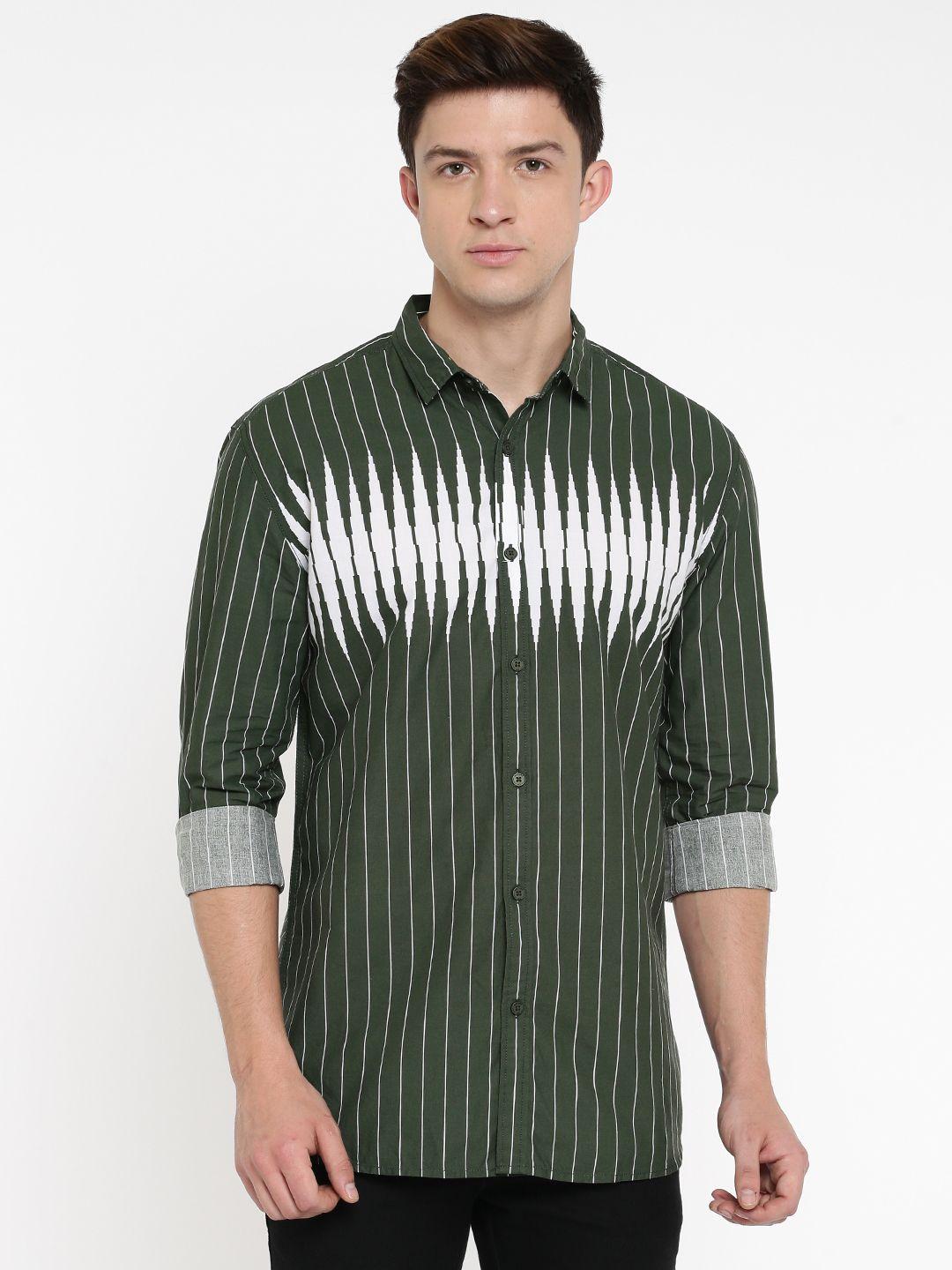 nature casuals men green & white slim fit striped casual shirt