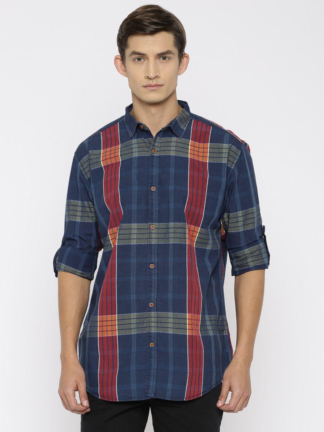 nature casuals men navy blue slim fit checked casual shirt