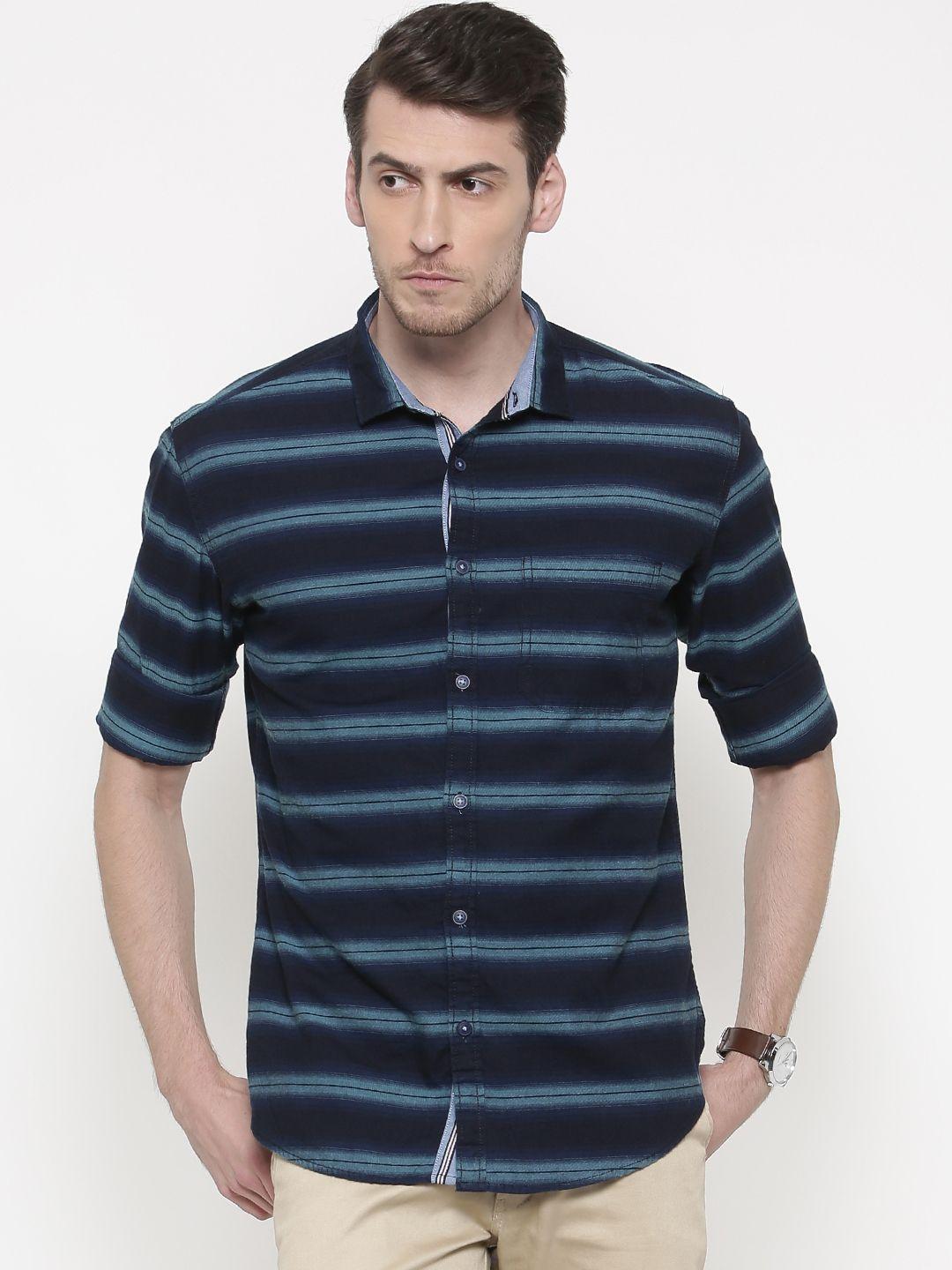 nature casuals men navy slim fit striped casual shirt