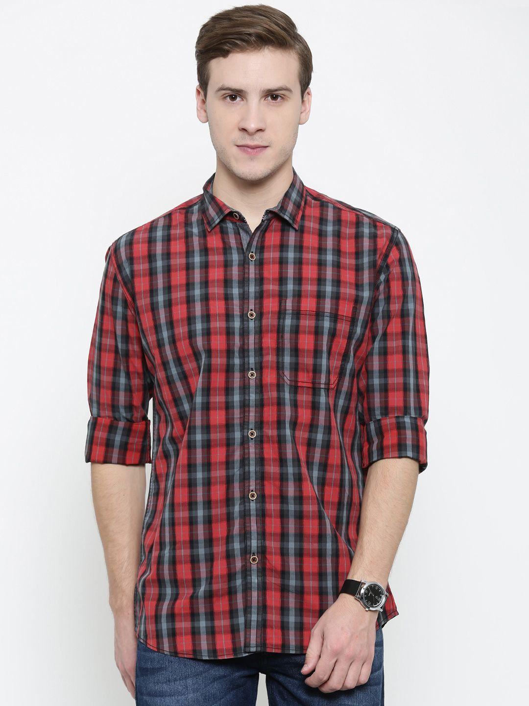 nature casuals men red & black slim fit checked casual shirt