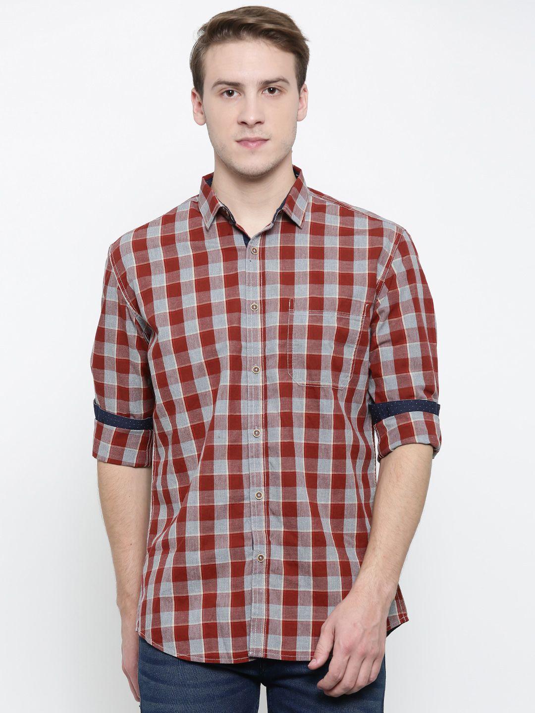 nature casuals men red & grey slim fit checked casual shirt