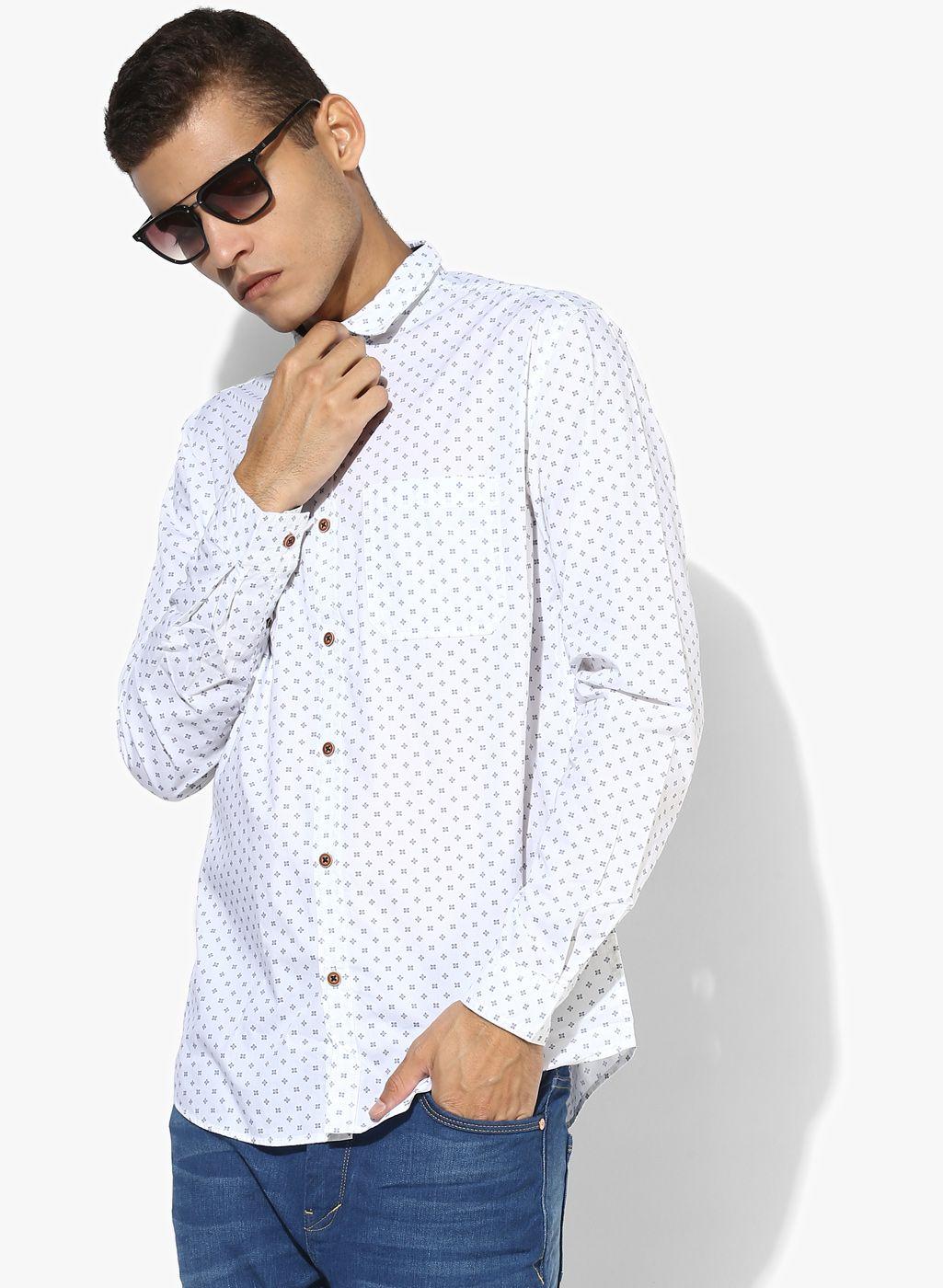 nature casuals men white & blue printed slim fit casual shirt