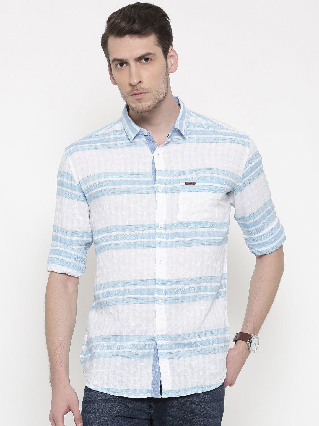 nature casuals men white & blue slim fit striped casual shirt