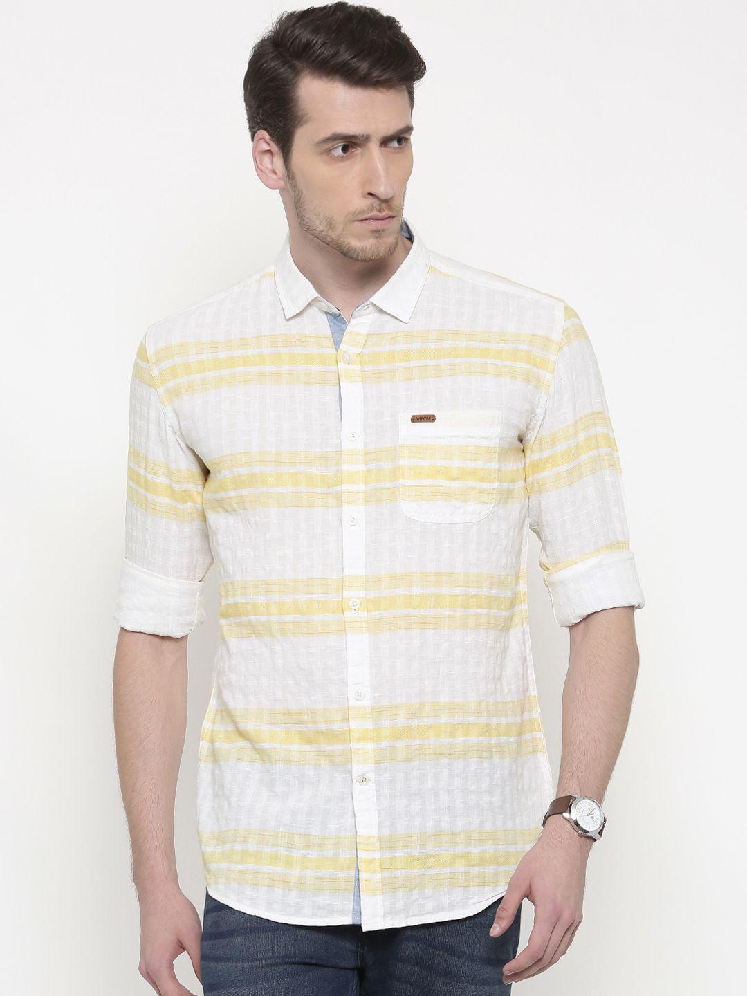 nature casuals men white & yellow slim fit striped casual shirt