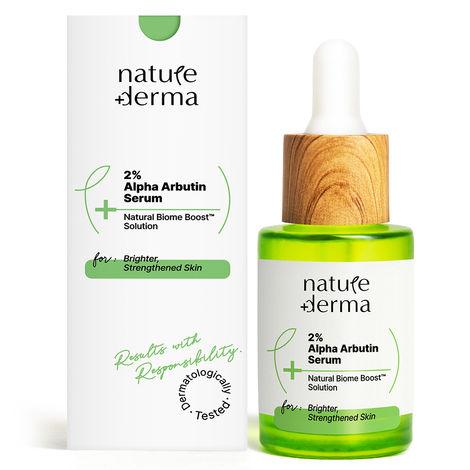 nature derma 2% alpha arbutin serum with natural biome-boost™| reduces dark spots & pigmentation| evens skin tone & strengthens | 30ml | dermatologically tested