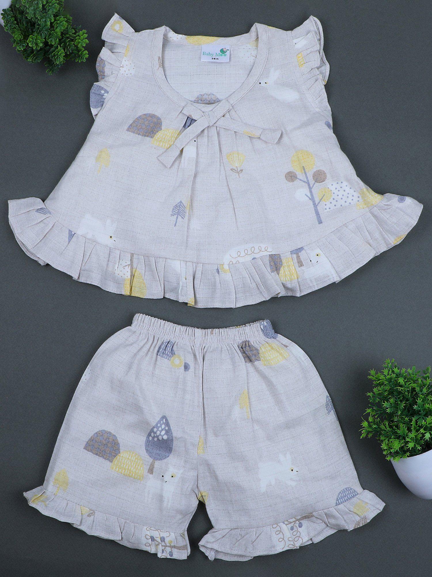 nature lover muslin frilly top & shorts co-ord-grey (set of 2)