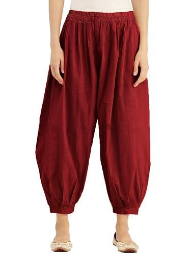 nature thread afghani salwar - comfy elastic waist patiala pants with 2 pockets in 100% cotton for women & girls. (l, maroon)