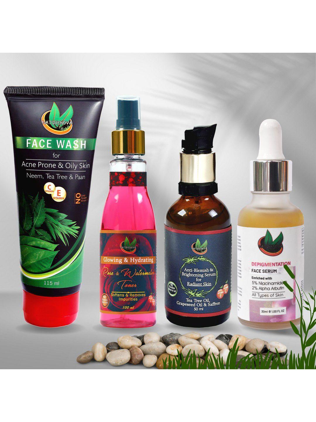 naturenova herbals set of acne face wash + toner + 2 face serums