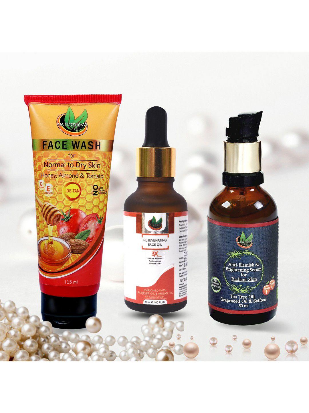 naturenova herbals set of de-tan face wash - toner - face serum