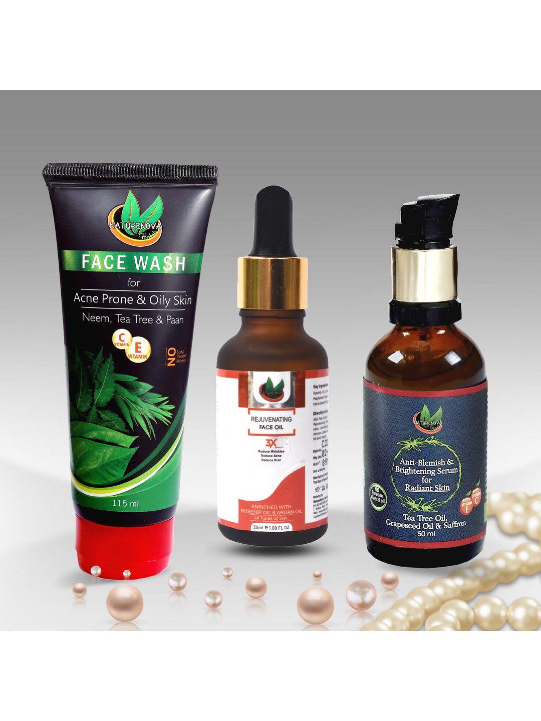 naturenova herbals acne face wash + face oil + face serum - 195ml