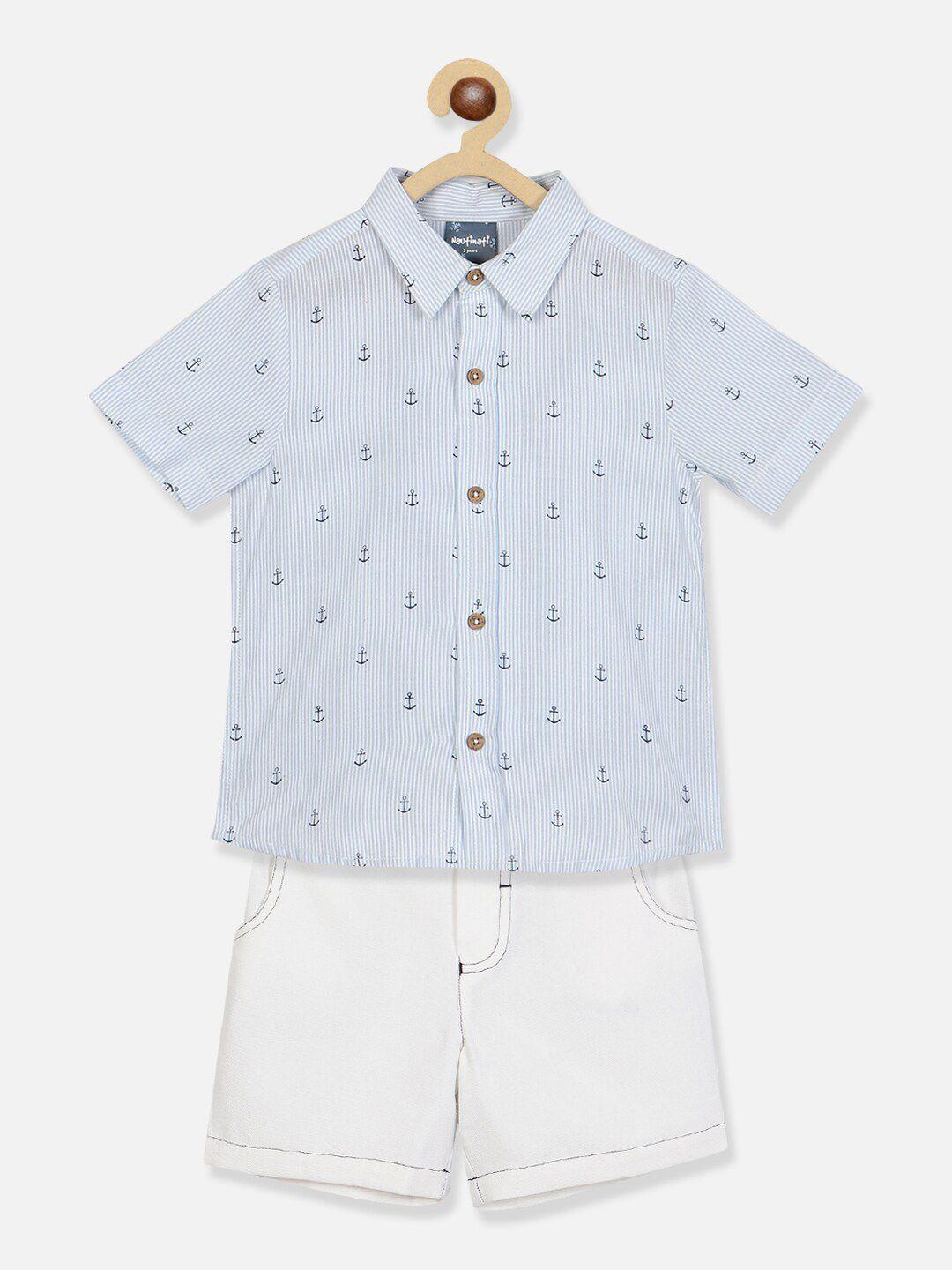 nauti nati boys blue & white printed shirt with shorts