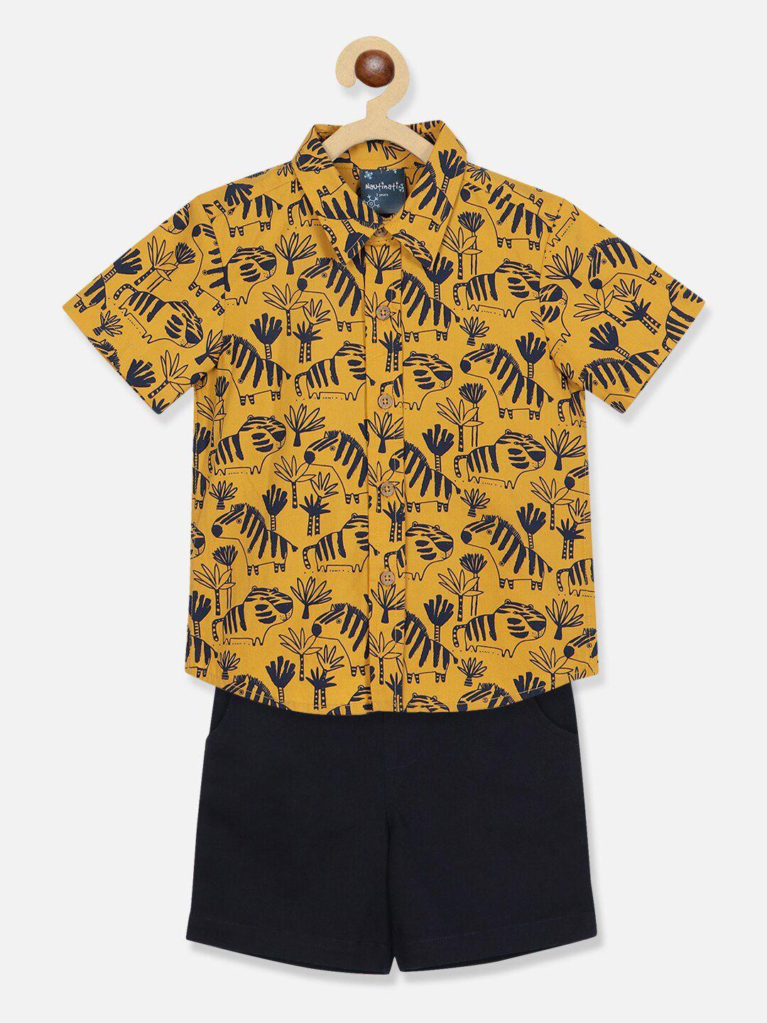nauti nati boys mustard & navy blue printed shirt with shorts