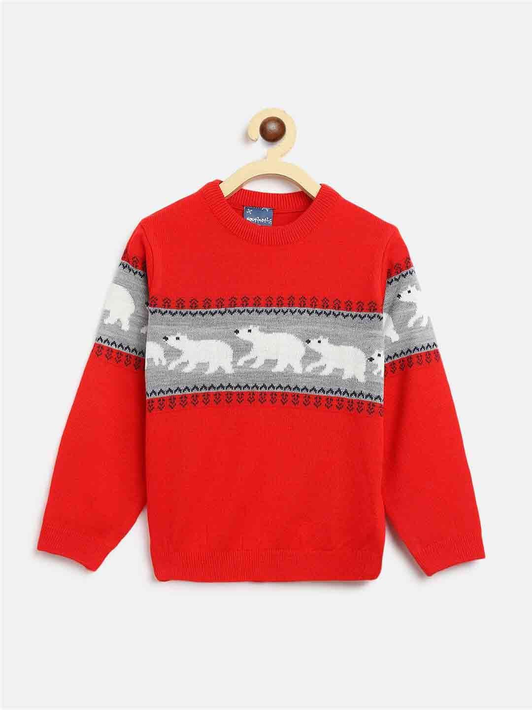 nauti nati boys red & grey self design acrylic sweater