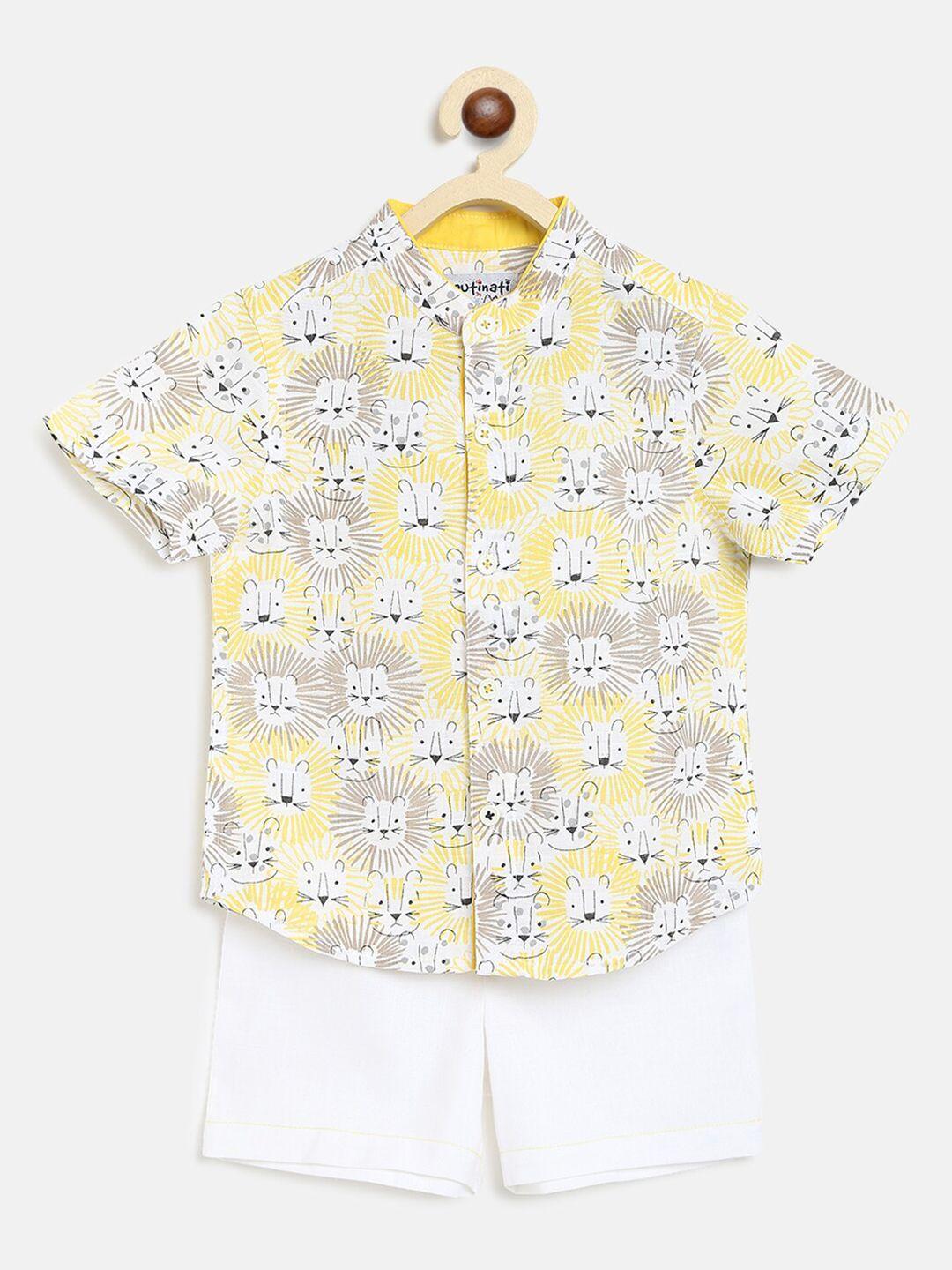 nauti nati boys yellow & white printed cotton shirt with shorts
