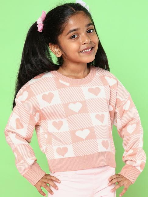 nauti nati kids pink self design full sleeves sweater