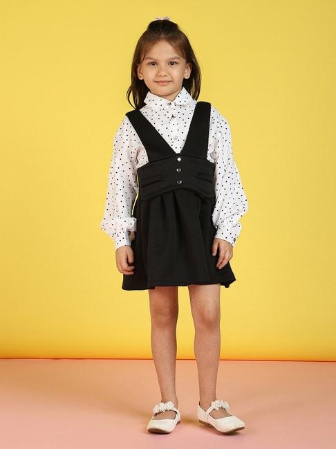 nauti nati kids white & black printed full sleeves pinafore dress with shirt