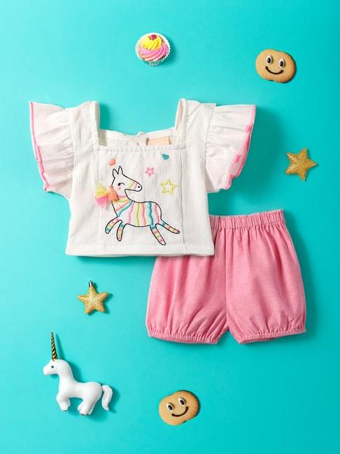 nauti nati kids white & pink embroidered top with shorts