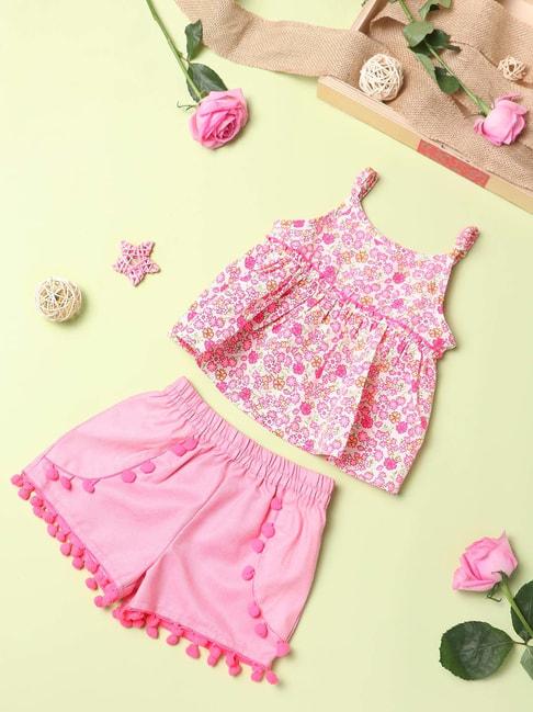 nauti nati kids white & pink floral print top with shorts