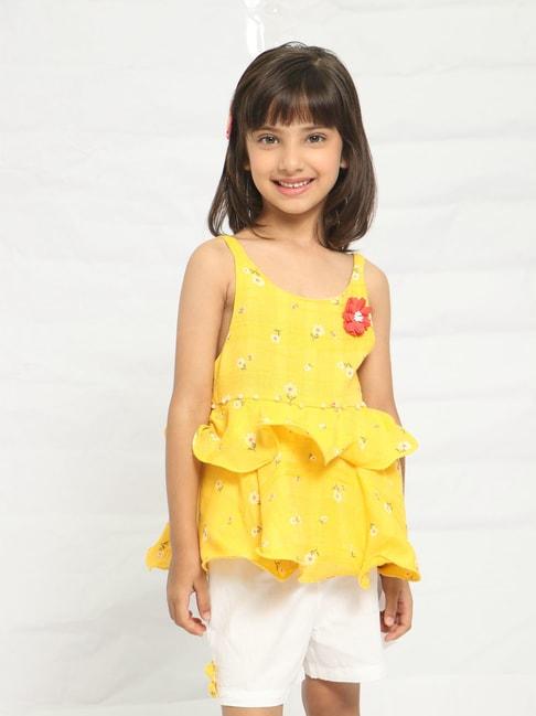 nauti nati kids yellow & white floral print top with shorts