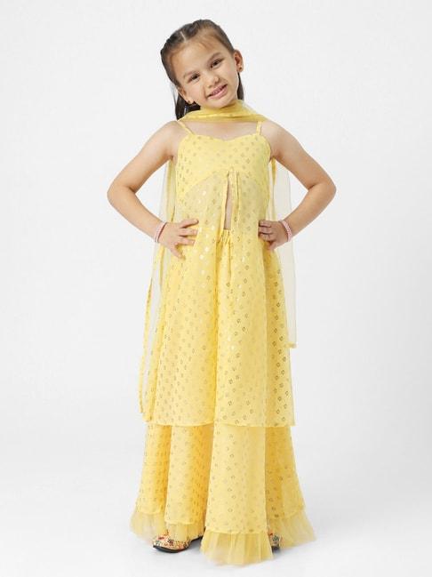 nauti nati kids yellow printed lehenga, long length blouse with dupatta