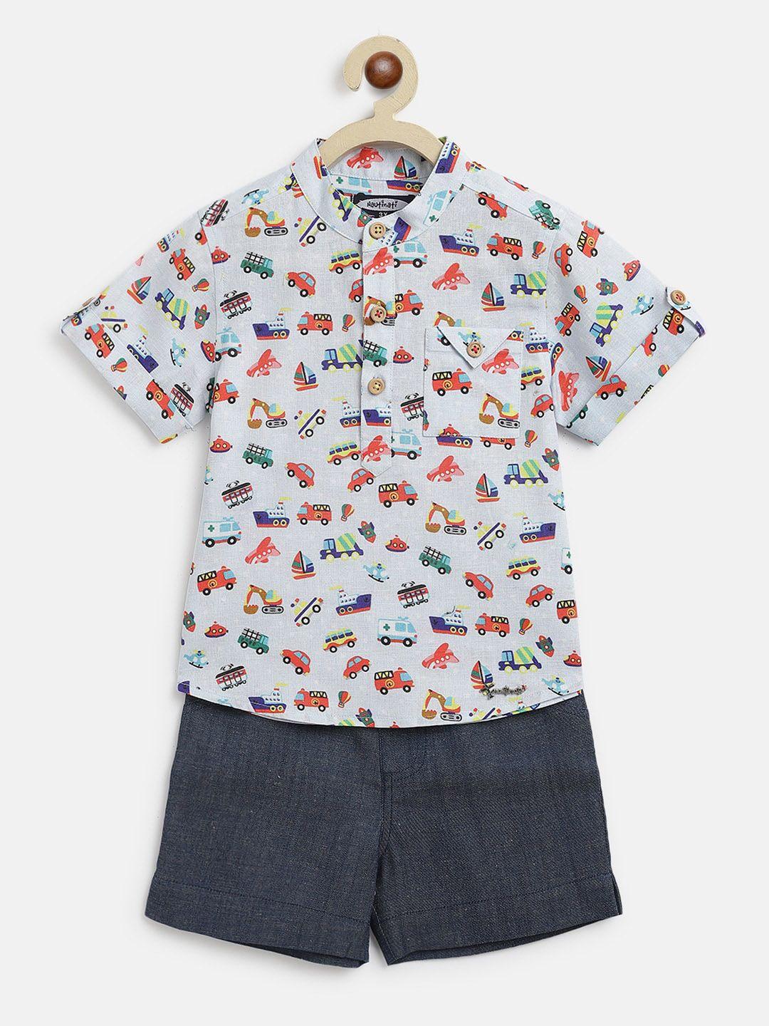 nauti nati boys grey & navy blue printed shirt with shorts