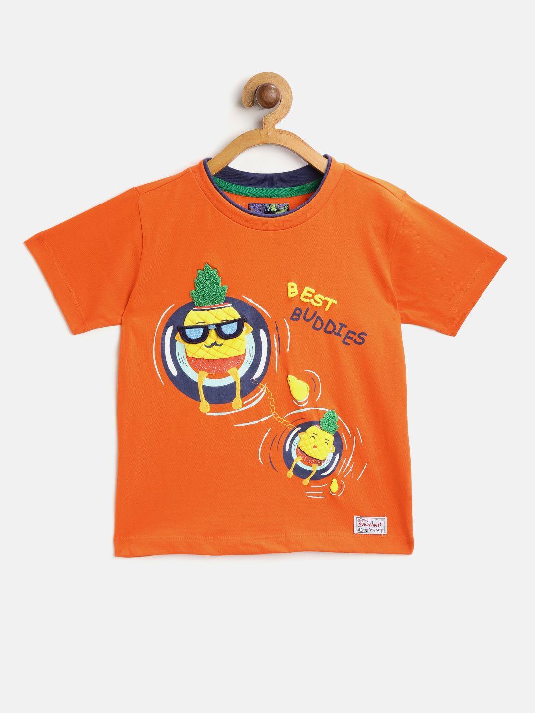 nauti nati boys orange and yellow printed round neck t-shirt