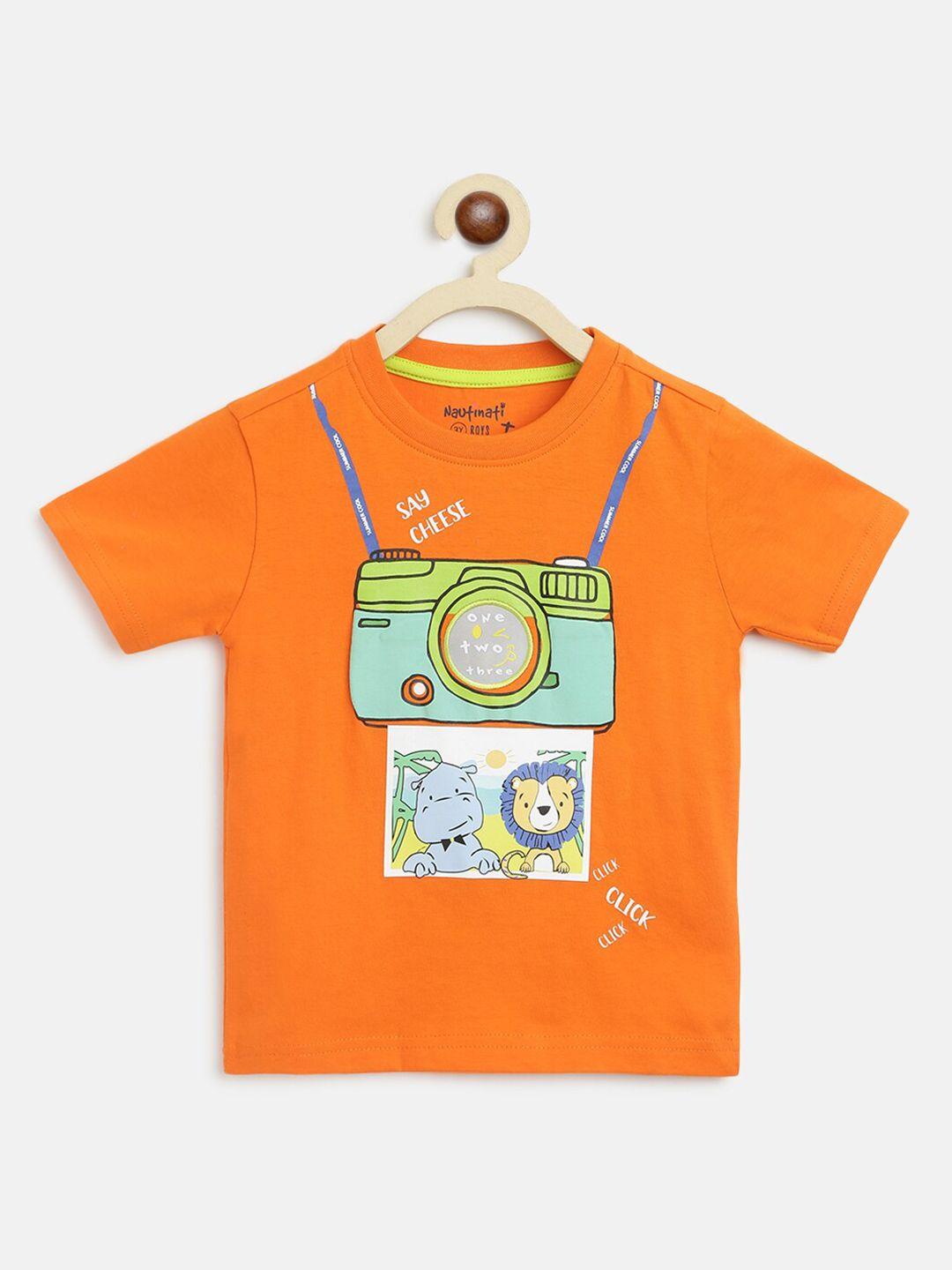 nauti nati boys orange printed applique t-shirt