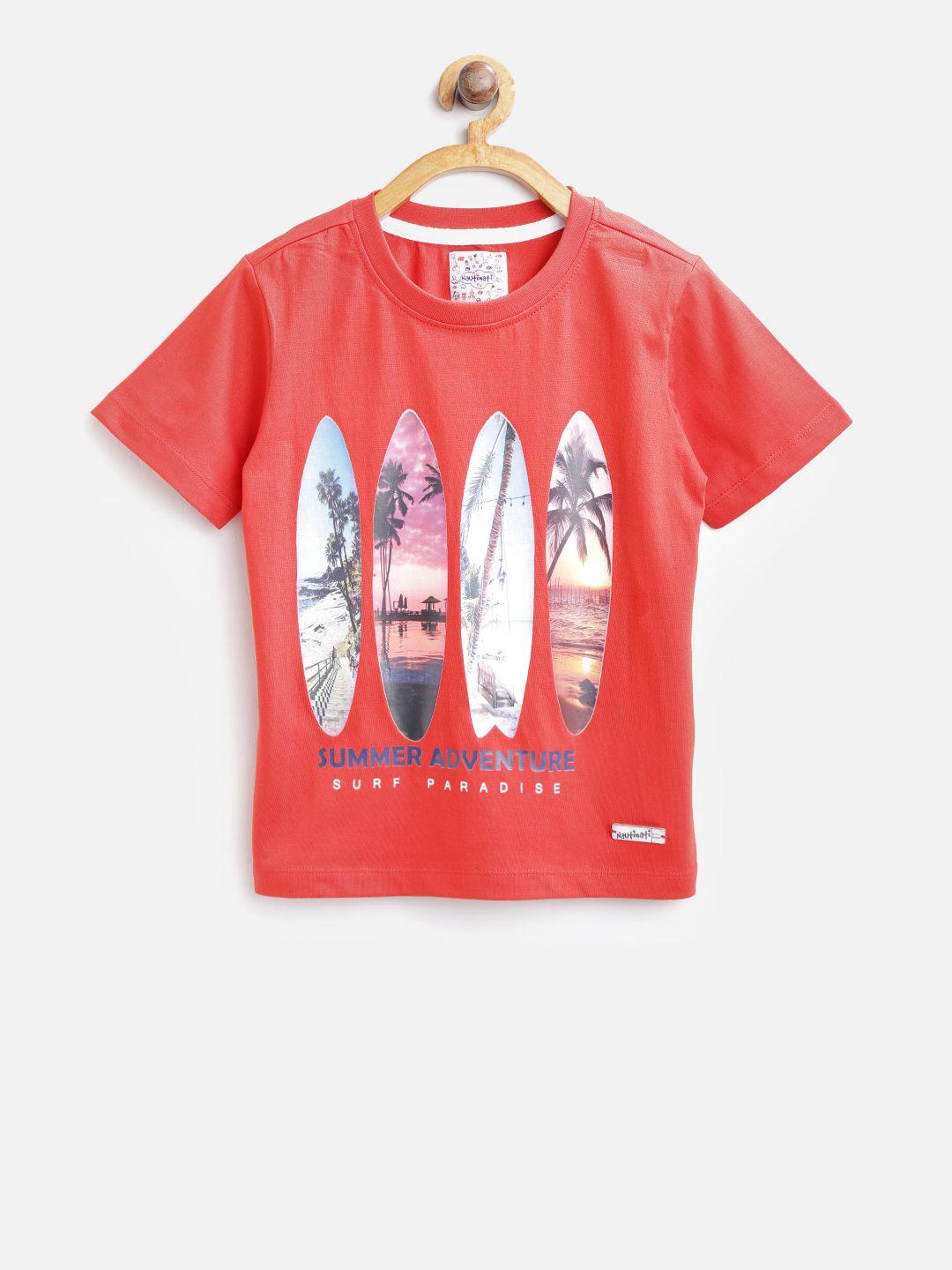 nauti nati boys red printed round neck t-shirt