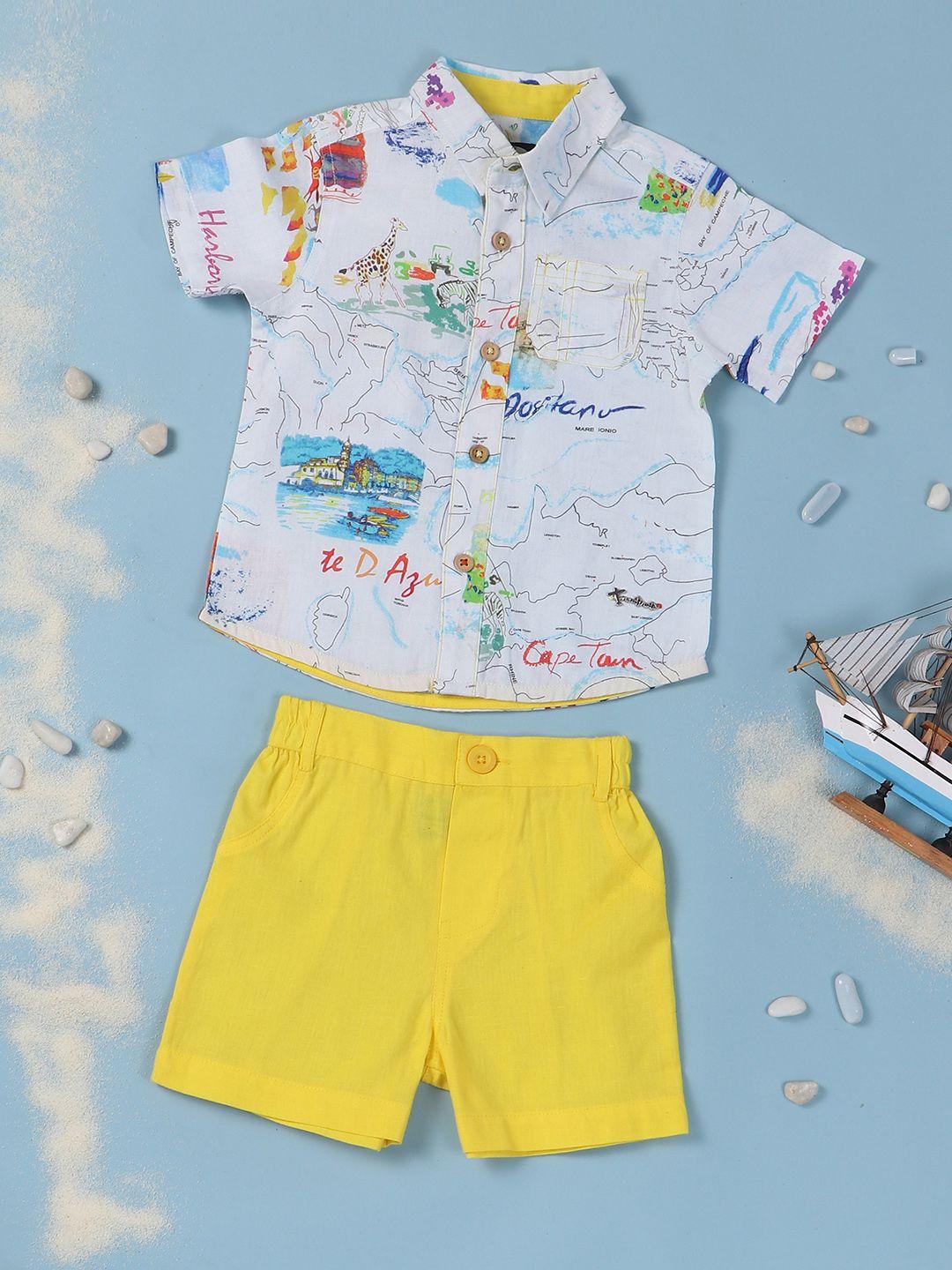 nauti nati boys yellow & white printed shirt & bottom co-ord set