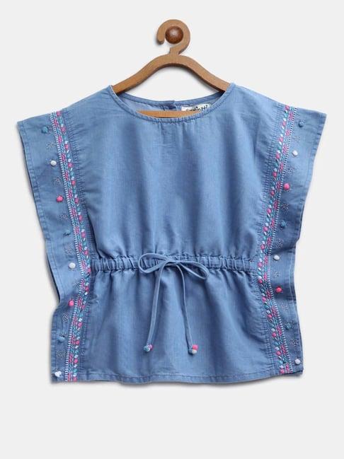 nauti nati kids blue cotton embroidered top