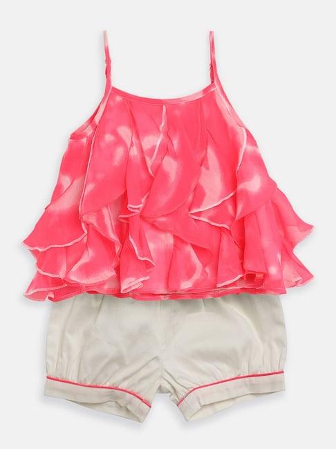 nauti nati kids pink & off white printed top with shorts