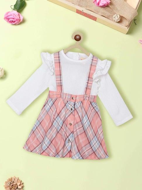 nauti nati kids pink & white chequered full sleeves dress set