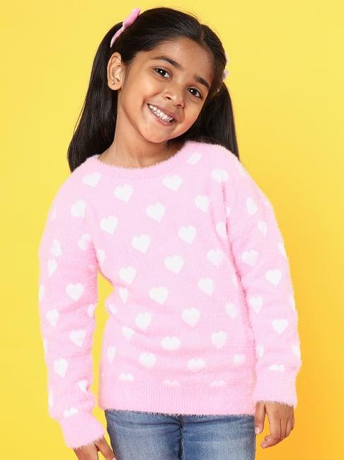 nauti nati kids pink self design full sleeves sweater