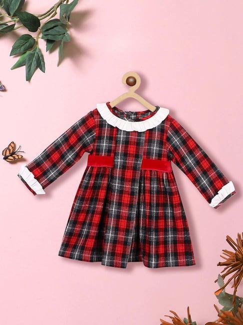 nauti nati kids red & black cotton chequered full sleeves dress