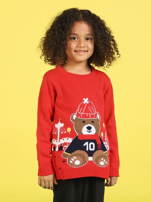 nauti nati kids red self design full sleeves sweater