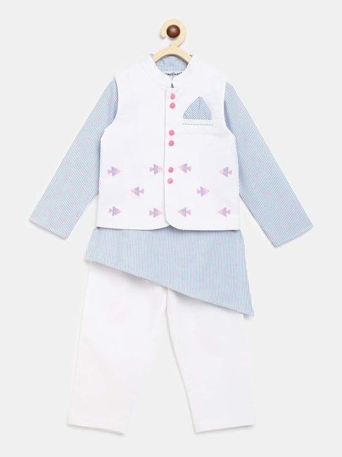 nauti nati kids white & blue embroidered full sleeves kurta, pyjamas with nehru jacket