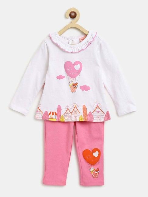 nauti nati kids white & pink printed full sleeves top set