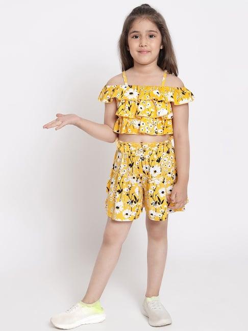 nauti nati kids yellow & white cotton floral print top set
