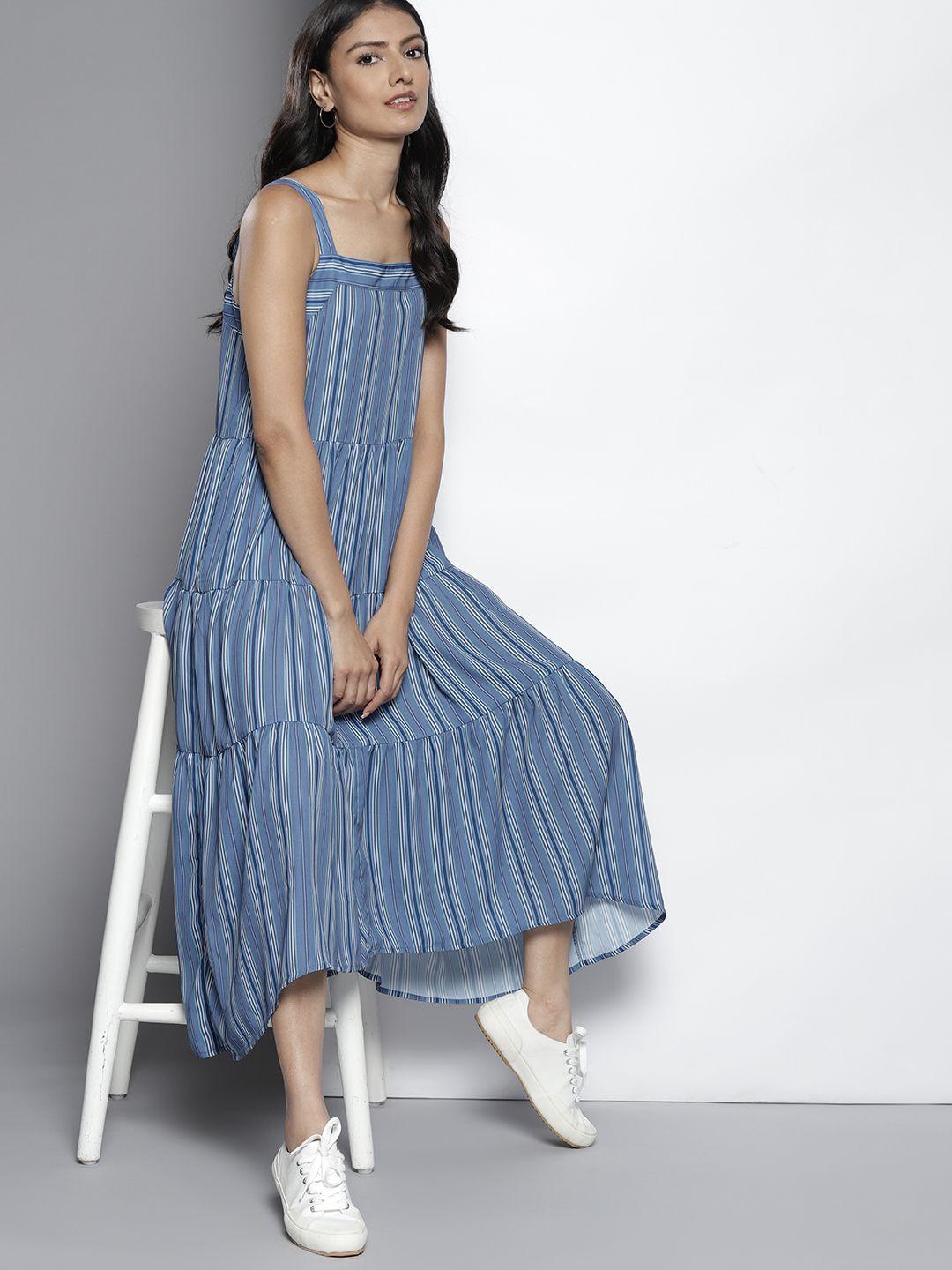 nautica blue & white striped a-line midi dress