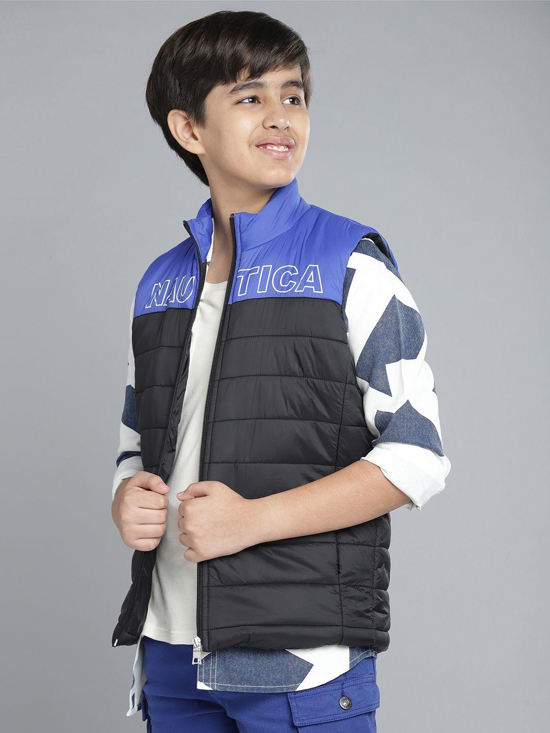 nautica boys black & blue brand logo colourblocked padded jacket