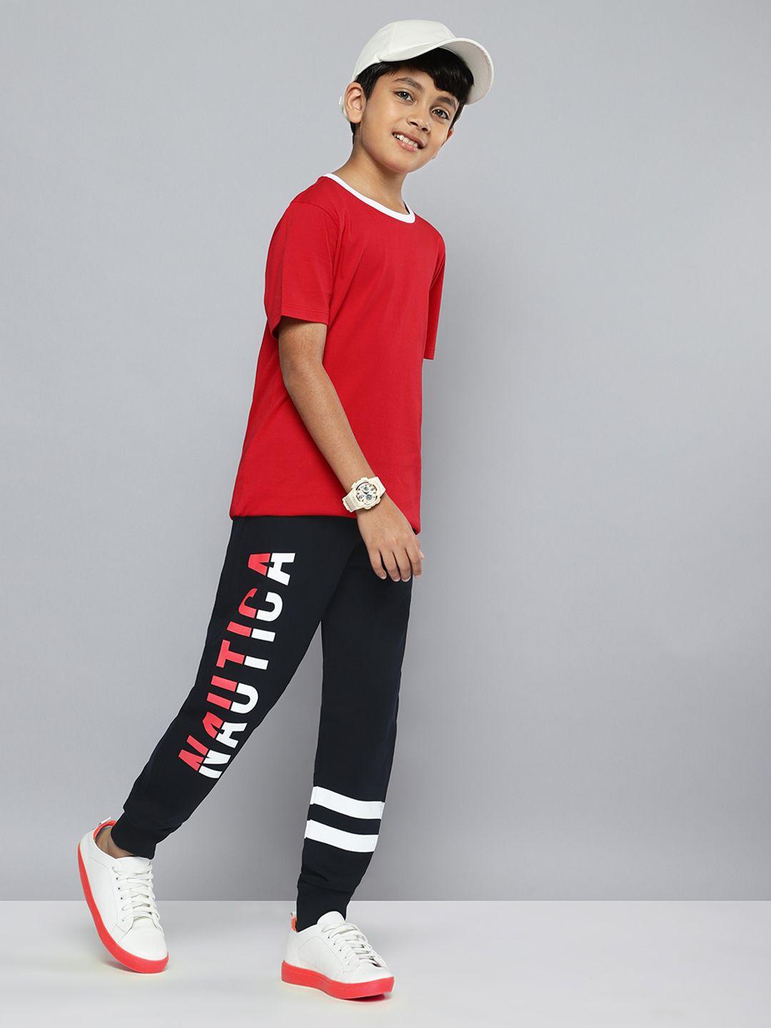 nautica boys brand logo print regular fit mid-rise pure cotton joggers with striped detail
